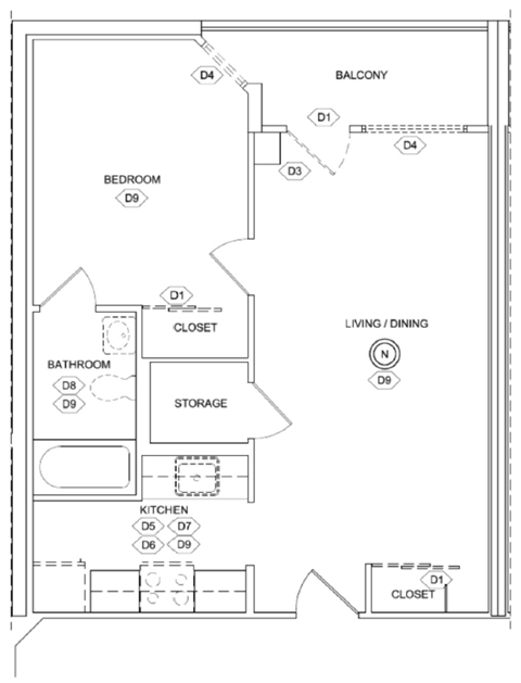 Floor plan for 1 bed, 1 bath, 657 sqft